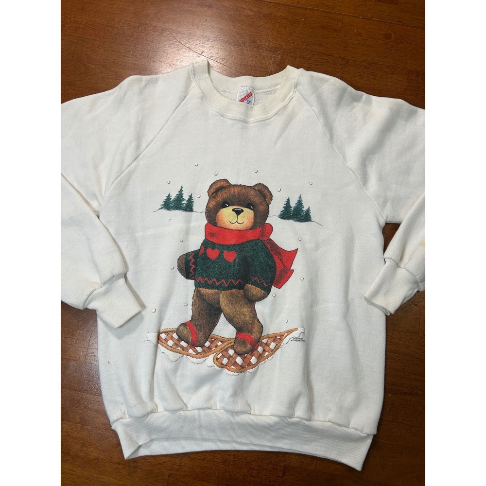 Vintage Jerzees Sweatshirt Unisex Medium White Bear Snowshoe Graphic Crewneck